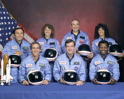 STS-51-L (Challenger) crew: (Rear L-R) Onizuka, McAuliffe, Jarvis, Resnik; (Front L-R) Smith, Scobee, McNair